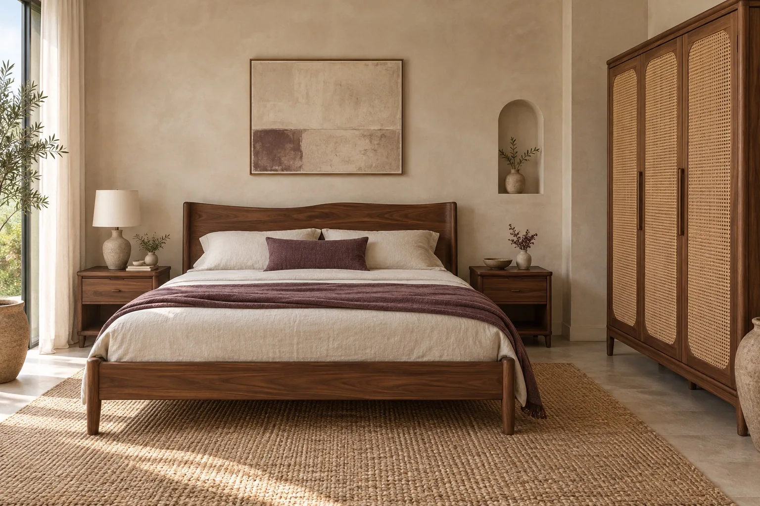 Walnut bed with ivory bedding, plum throw, bedside tables and cane wardrobe