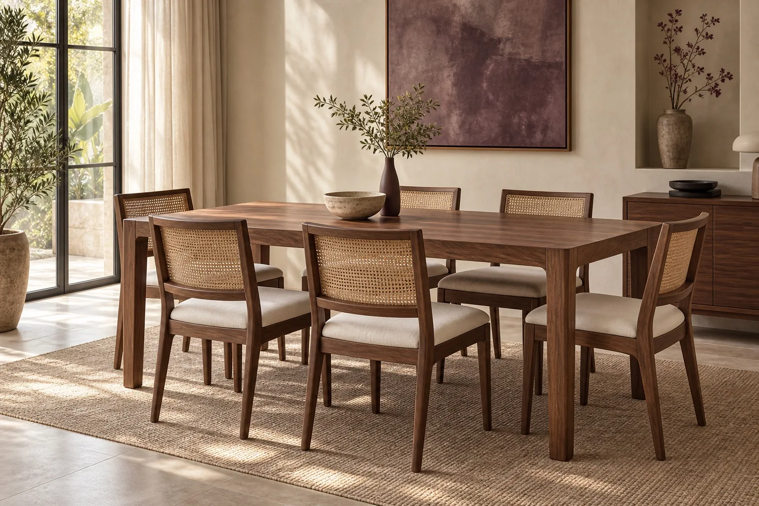 Walnut dining table with six cane-backed upholstered chairs