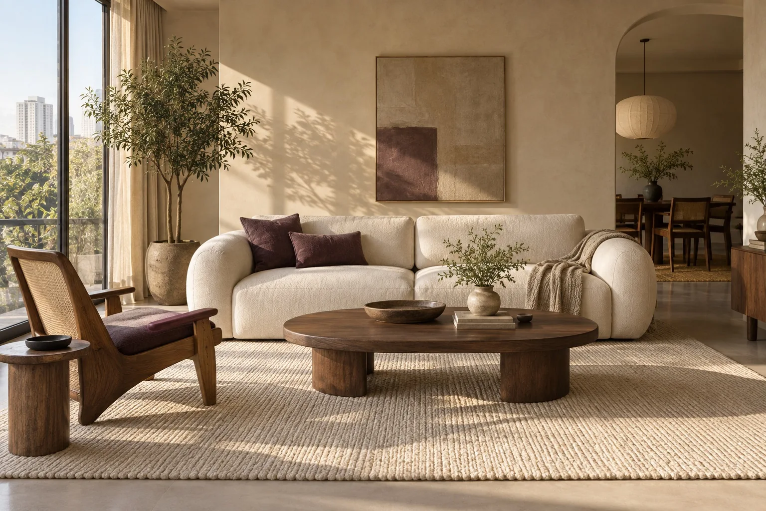 Ivory sofa and walnut furniture in a sunlit living room