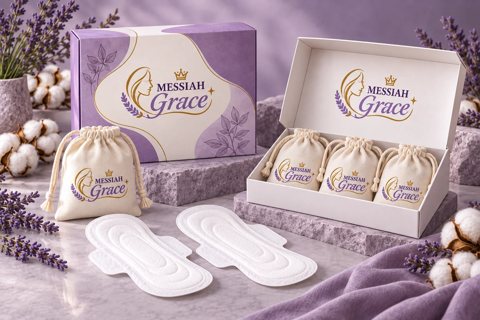 Messiah Grace collection boxes, cotton potli bags and sanitary pads styled with lavender and cotton