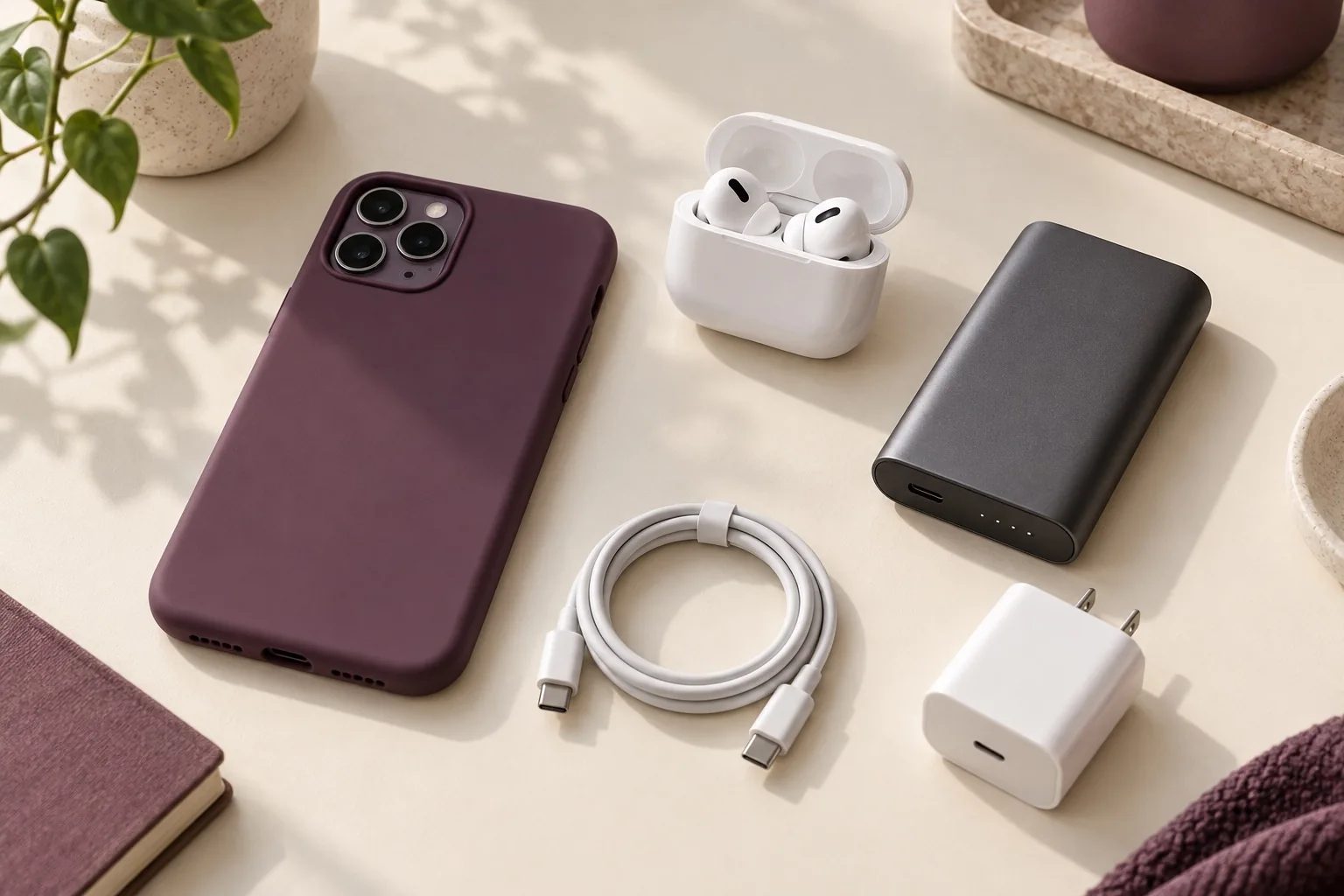 Wireless earbuds, charging cable, power bank and plum phone case