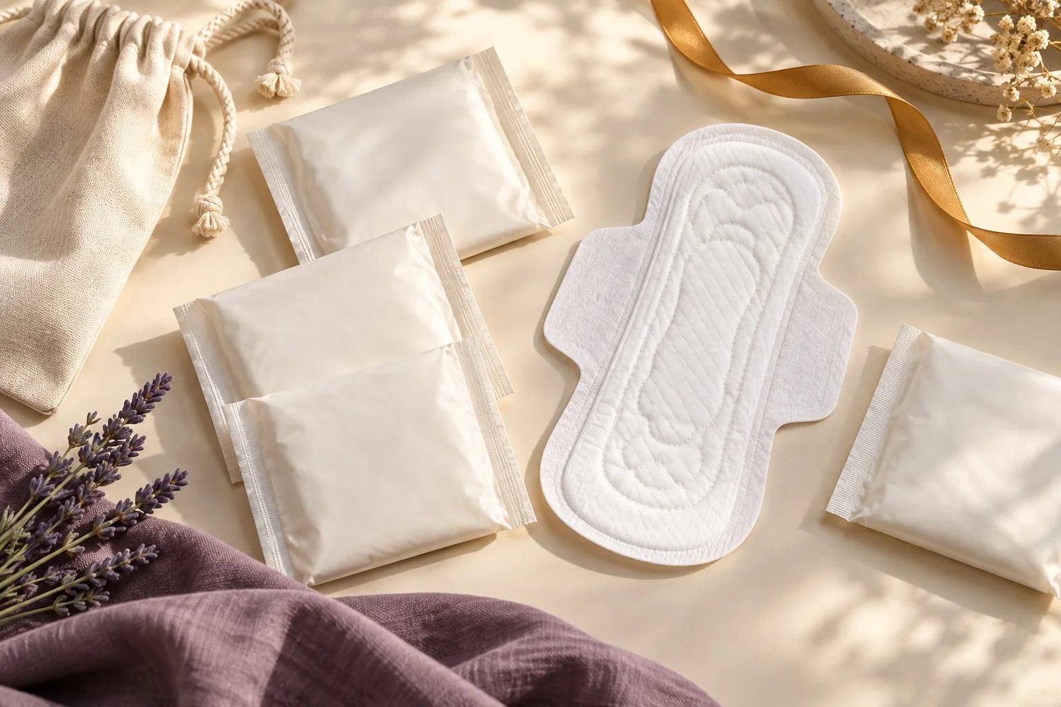 White winged sanitary napkin with individual wrappers and cotton pouch